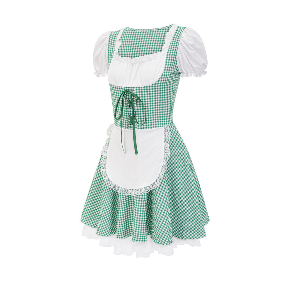 Damen Dirndlkleid mit traditionellem Karomuster und romantischen Rüschendetails EB
