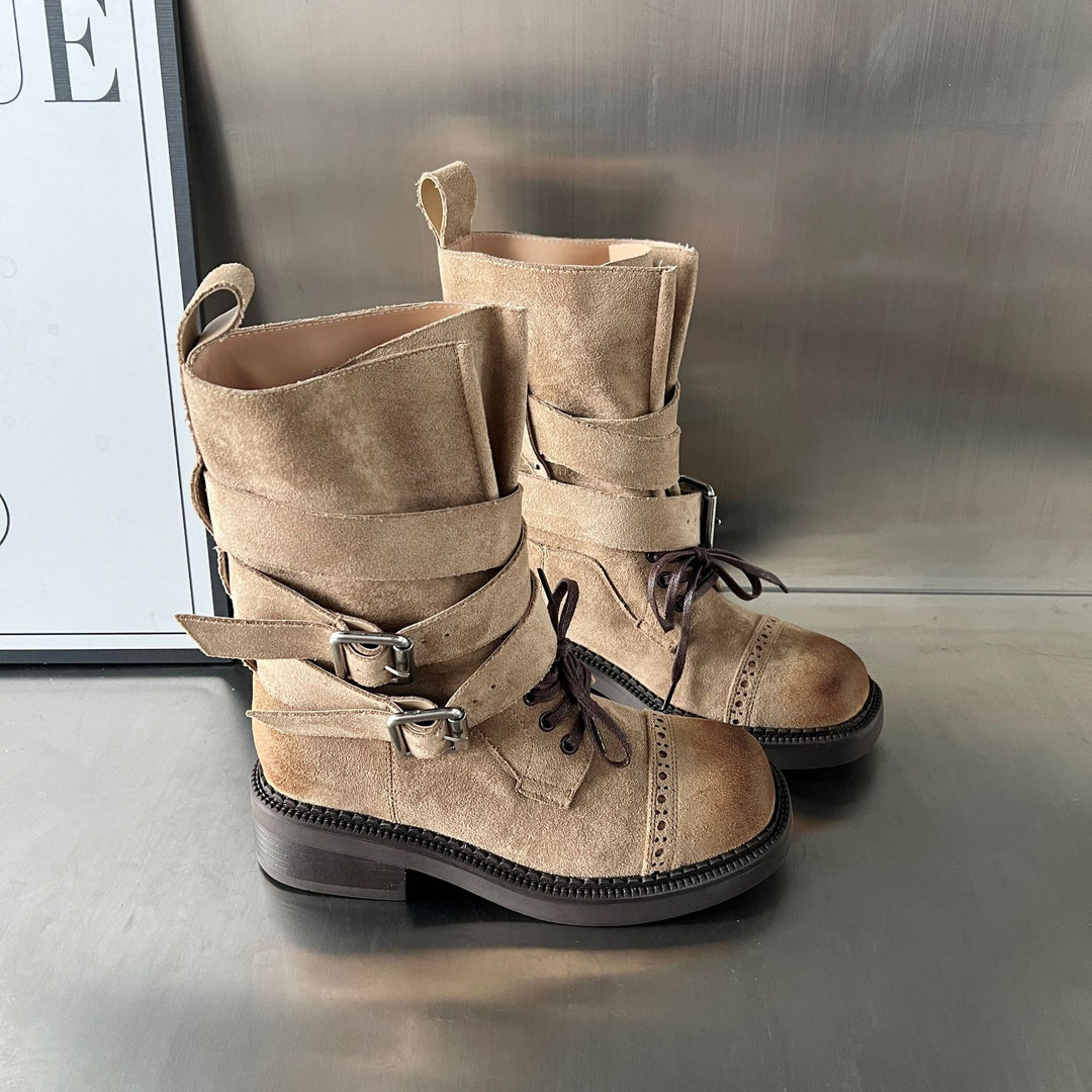 Damen elegante Stiefel mit modischen Schnallen und verstellbaren Riemen EB