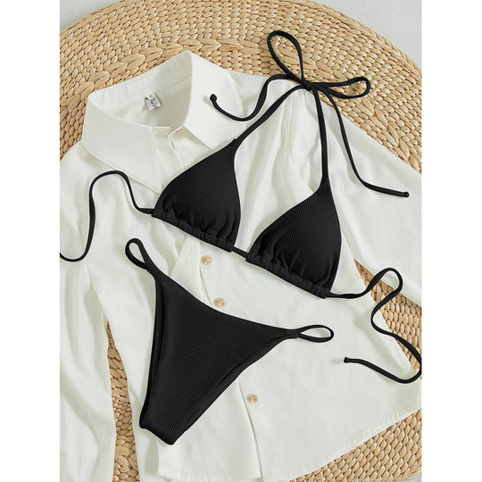 Damen Triangel-Bikini-Set mit verstellbaren Schnüren und feinem Strukturmuster EB