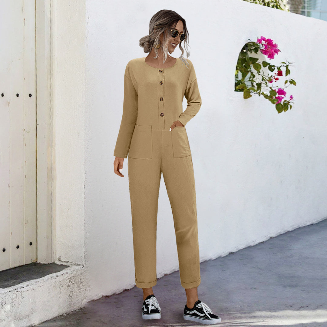 Damen lässiger Jumpsuit mit praktischen Taschen und elegantem Knopfdesign EB