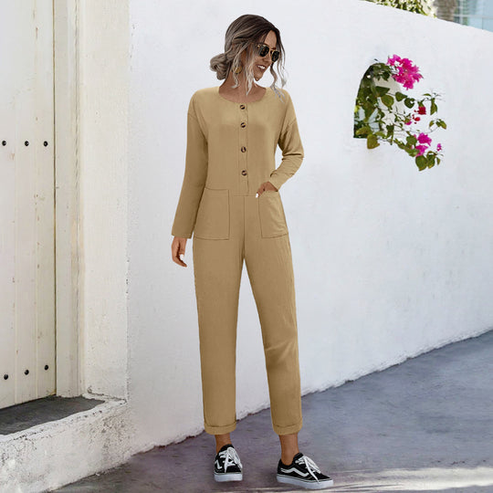 Damen lässiger Jumpsuit mit praktischen Taschen und elegantem Knopfdesign EB