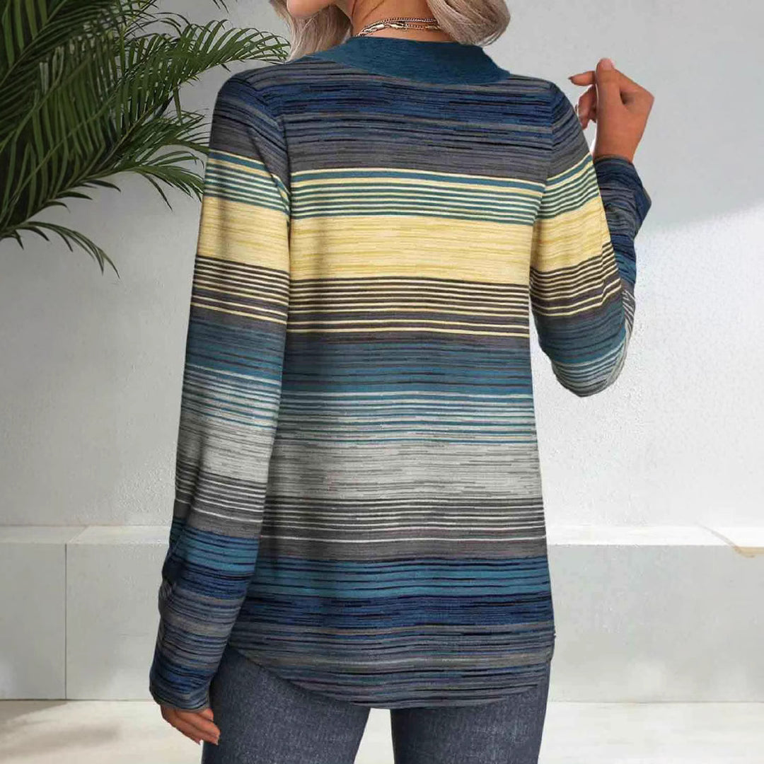 Damen elegantes Langarmshirt mit modernem Streifenmuster und Knopfdetails EB