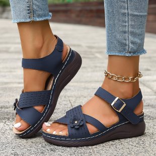 Damen Wedge-Sandaletten mit dekorativem Blumenelement und verstellbarem Riemendesign EB
