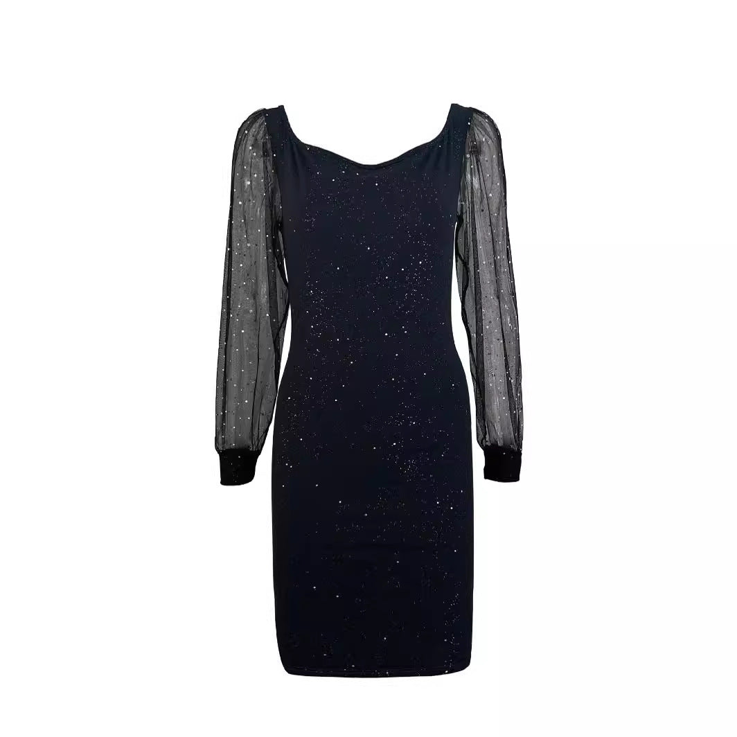 Damen figurbetontes Abendkleid mit transparenten Ärmel und funkelnden Details EB
