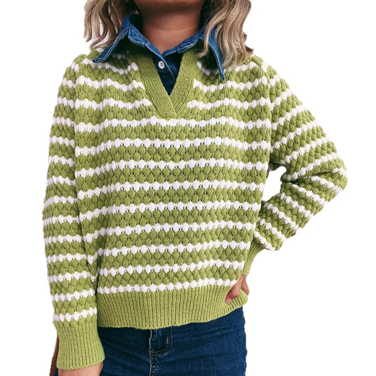 Damen Strickpullover mit tiefem V-Ausschnitt und markantem Streifenmuster EB