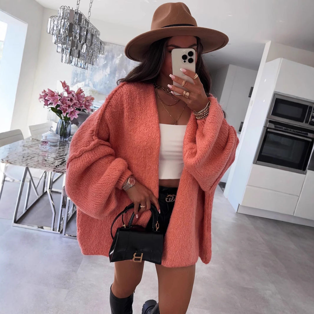 Damen oversized Strickjacke mit lässigen Ballonärmeln und strukturiertem Material EB