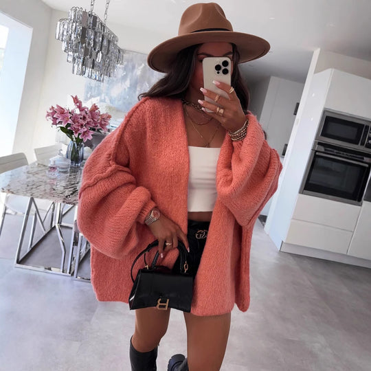 Damen oversized Strickjacke mit lässigen Ballonärmeln und strukturiertem Material EB