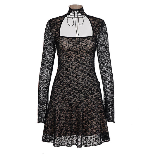 Damen Spitzenkleid mit kurzem Stehkragen und langen Ärmeln EB