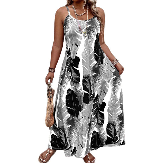 Damen Maxikleid mit aufregendem Blattmuster und schmalen Trägern EB