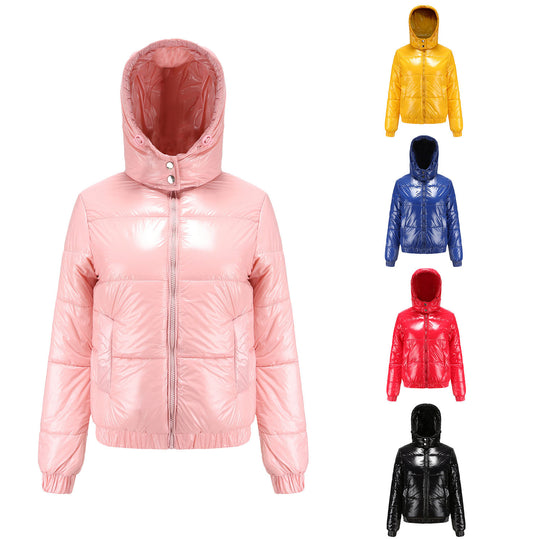 Damen glänzende Steppjacke mit abnehmbarer Kapuze EB