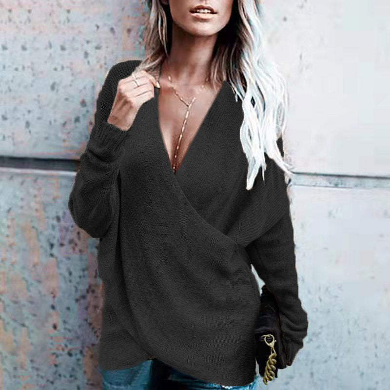 Damen Wickelpullover mit tiefem V-Ausschnitt und lockerer Passform EB
