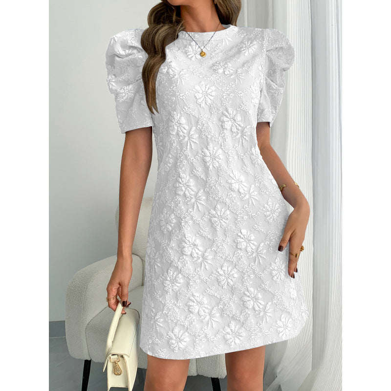 Damen Kurzarmkleid mit voluminiösen Ärmeln und floralen Stickereien EB