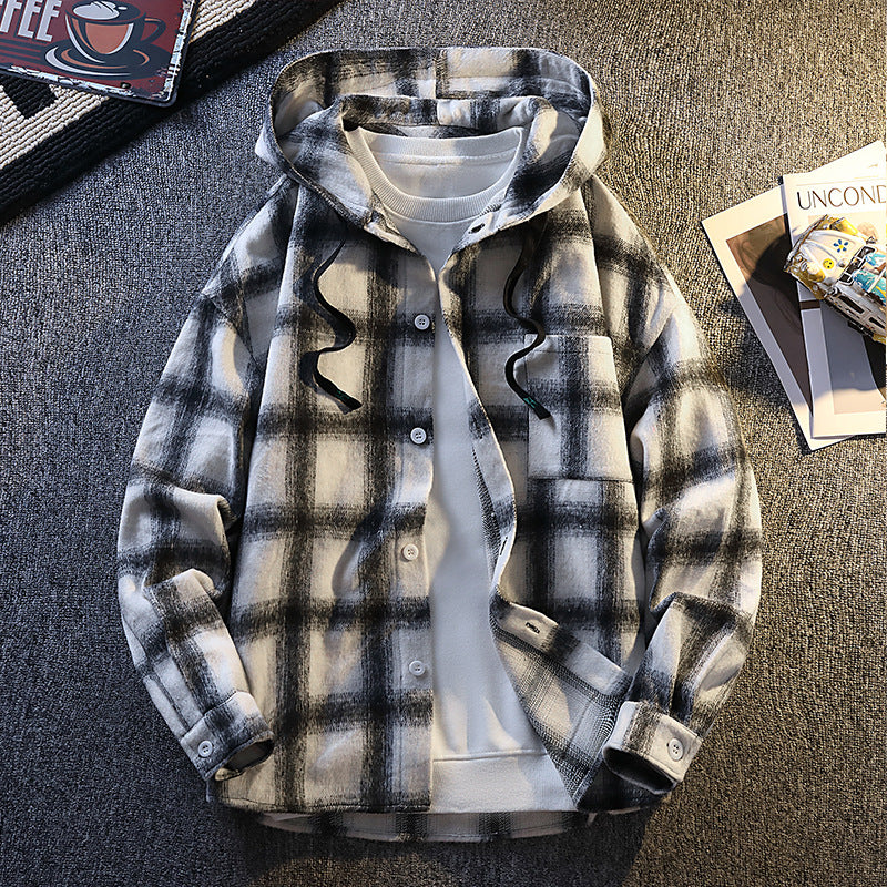 Herren Karierte Flanelljacke mit Kapuze und Knopfverschluss EB