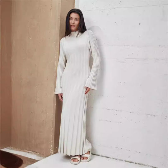 Damen Maxikleid mit elegantem Rippdesign und hochgeschlossenem Kragen EB