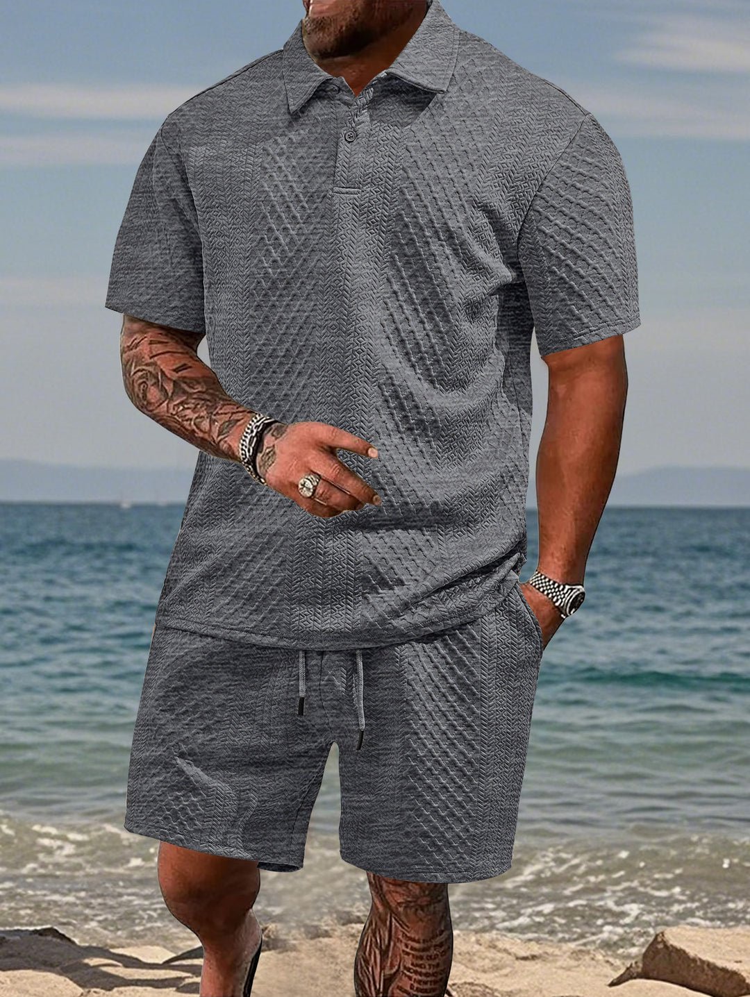 Herren nan geprägtes Strand-Ensemble mit offenem Kurzarm-Hemd und Kordel-Bermuda EB