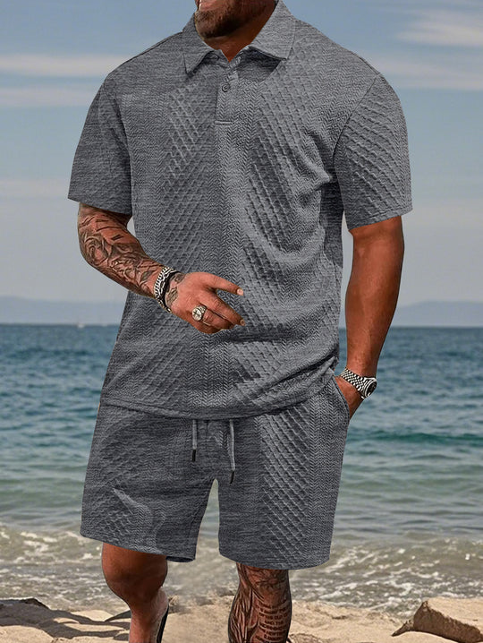 Herren nan geprägtes Strand-Ensemble mit offenem Kurzarm-Hemd und Kordel-Bermuda EB