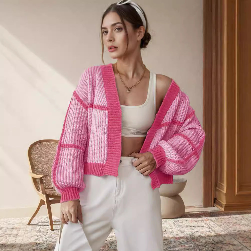Damen Grobstrickjacke mit voluminösen Ärmeln und modernem Karomuster EB