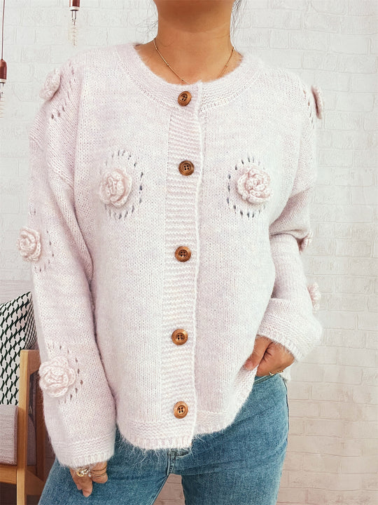 Damen Strickjacke mit floralen Applikationen und dekorativen Knöpfen EB