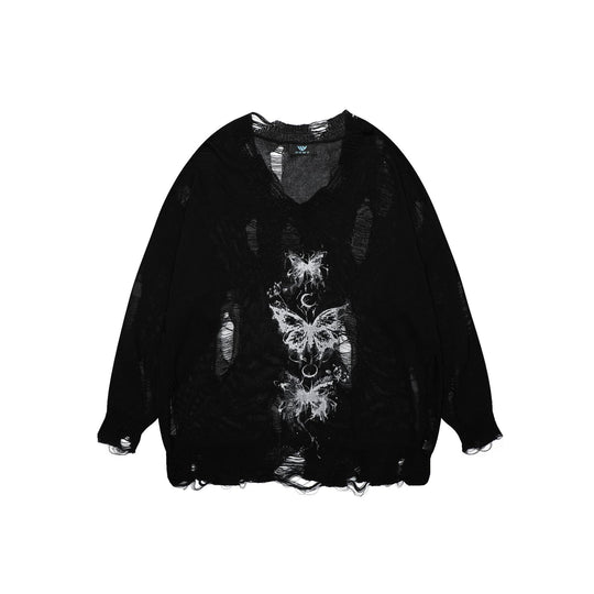 Damen oversized Pullover mit grafischem Print und distressed Details EB
