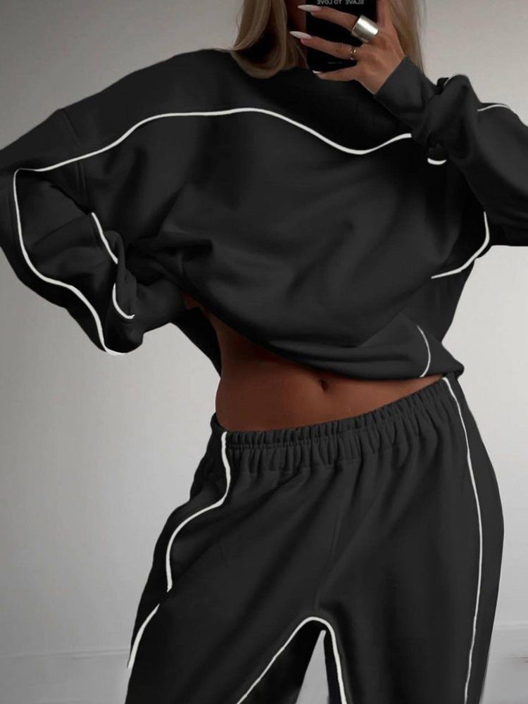 Damen nan kurzes Crop-Sweatshirt und lässige Jogginghose mit kontrastierenden Paspeln EB