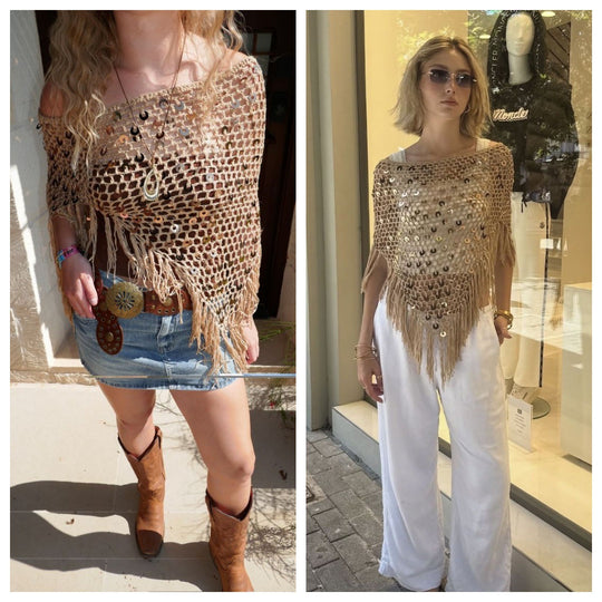 Damen dekorativer Spitzen-Poncho mit eleganten Pailletten und Fransen EB
