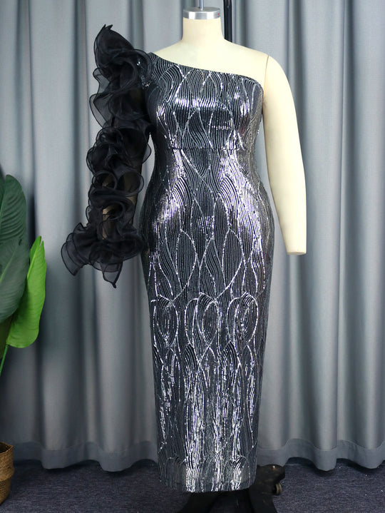 Damen Glitzerndes Abendkleid mit asymmetrischem Schnitt und voluminösen Rüschendetails EB