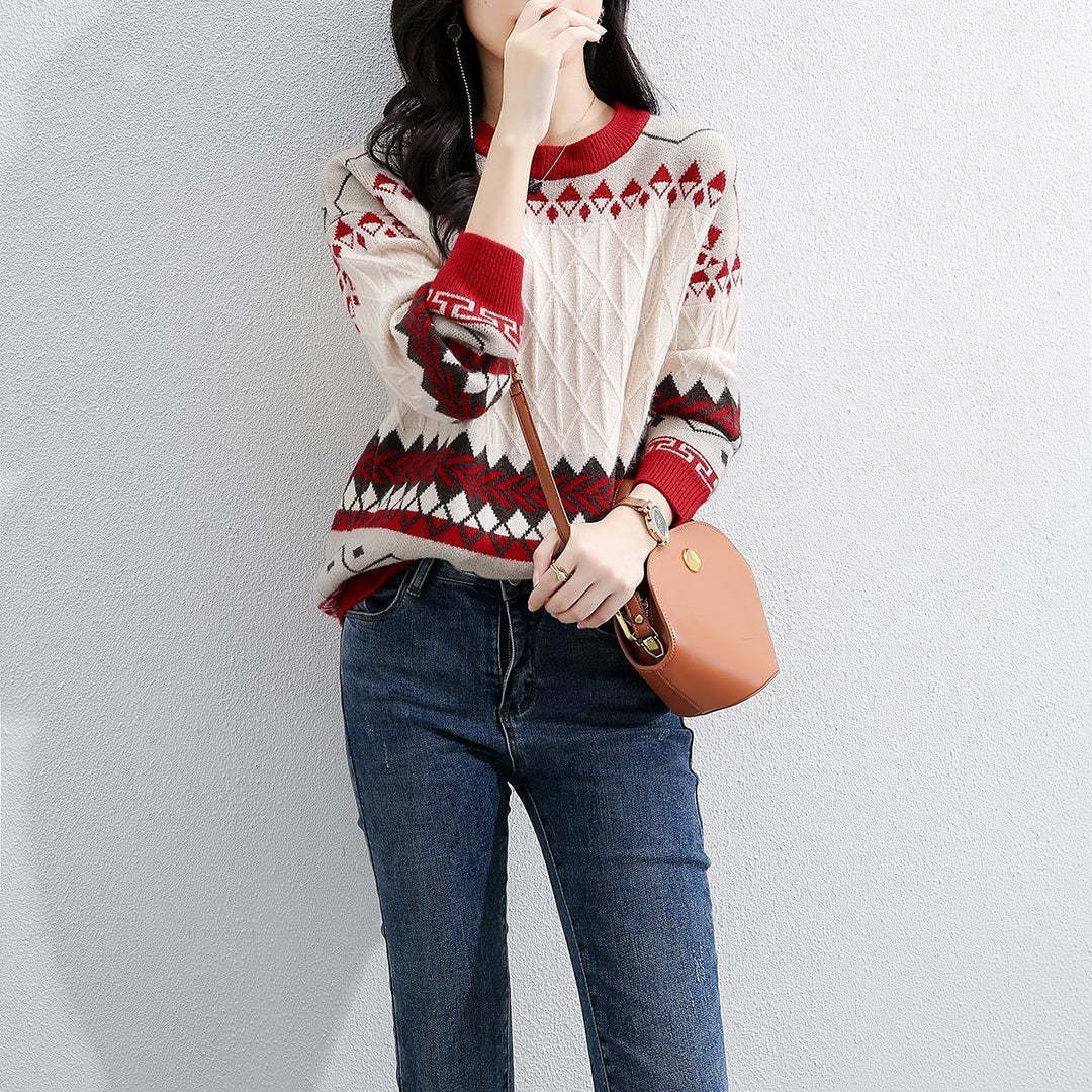 Damen Grob gestrickter Pullover mit geometrischem Muster und Rundhalsausschnitt EB