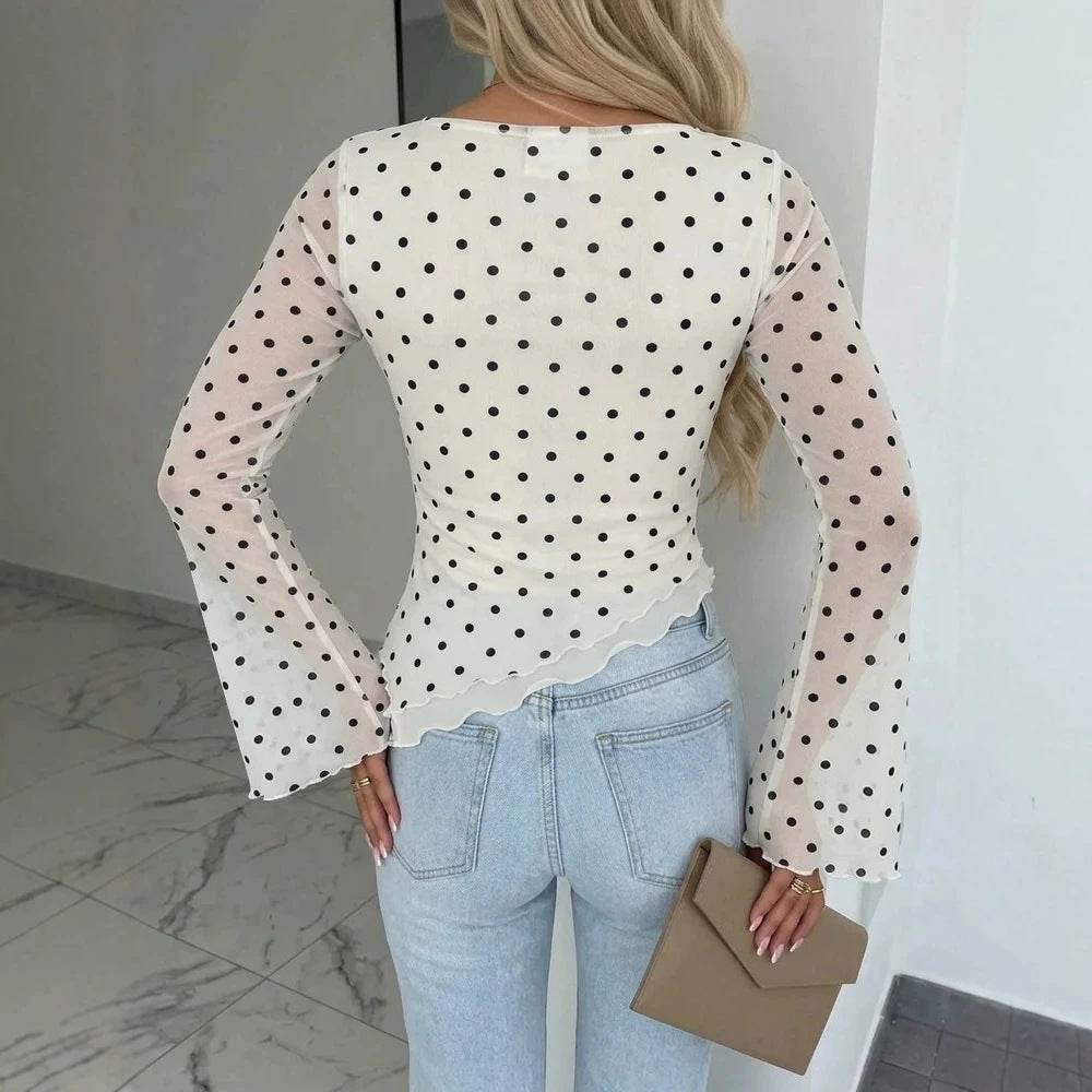Damen Transparente Mesh-Polka‑Dot-Bluse mit taillierter Passform und Glockenärmeln EB