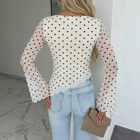 Damen Transparente Mesh-Polka‑Dot-Bluse mit taillierter Passform und Glockenärmeln EB