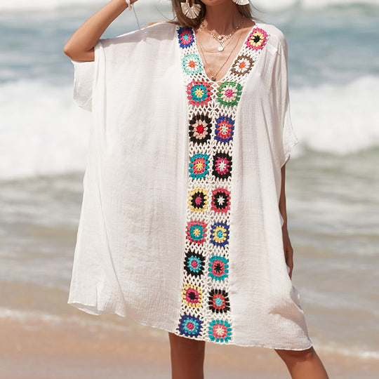 Damen Häkel-Strandtunika im lässigen Oversize-Stil mit bunten Applikationen EB