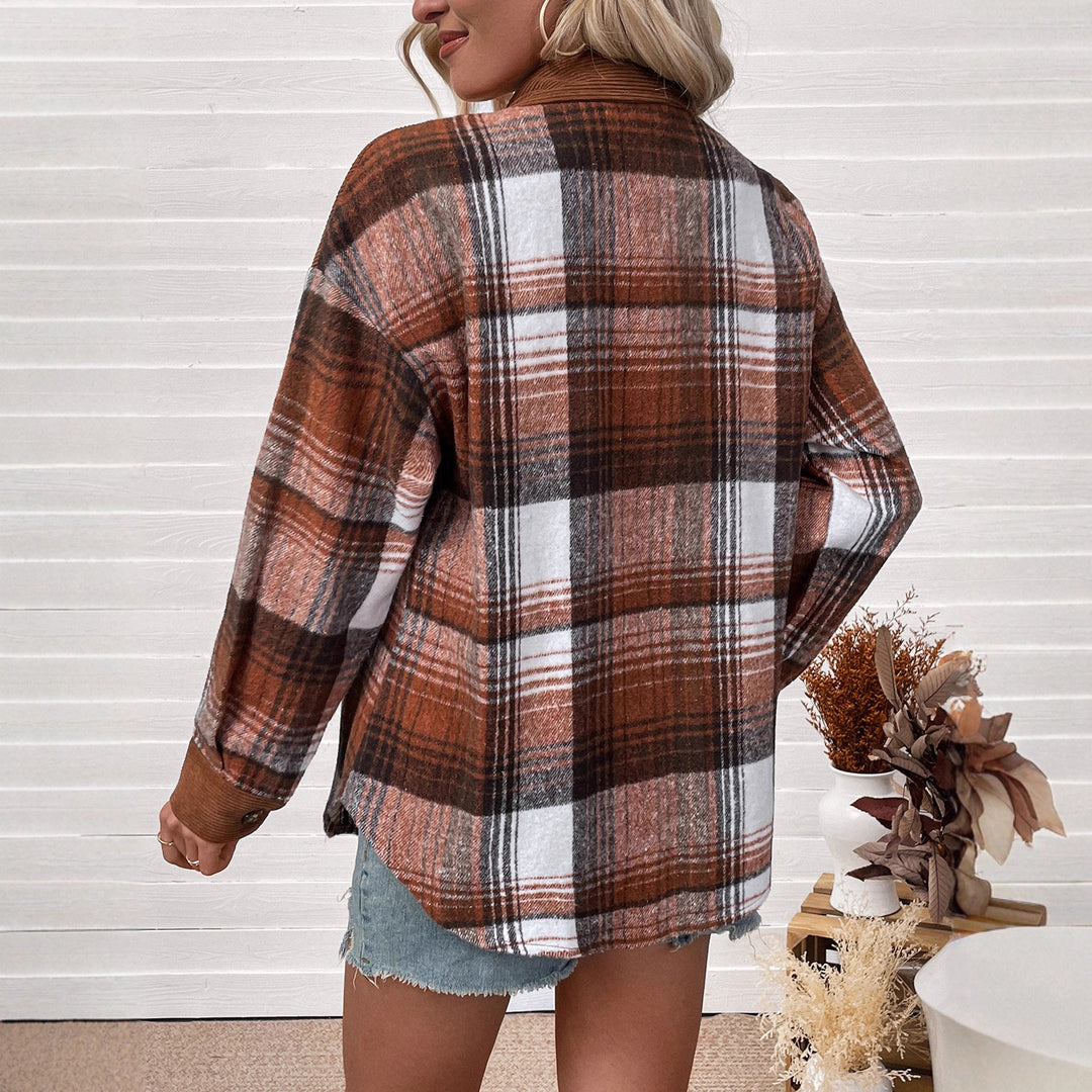 Damen Karierte Hemdjacke mit Cordbesatz und Oversize-Schnitt EB