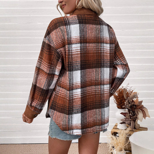 Damen Karierte Hemdjacke mit Cordbesatz und Oversize-Schnitt EB