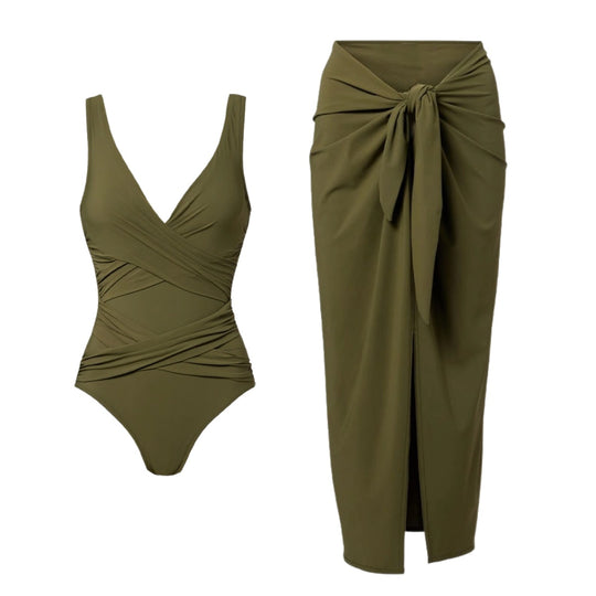 Damen Einteiler Badeanzug mit modischem Wickeldesign und elastischen Rüschendetails EB