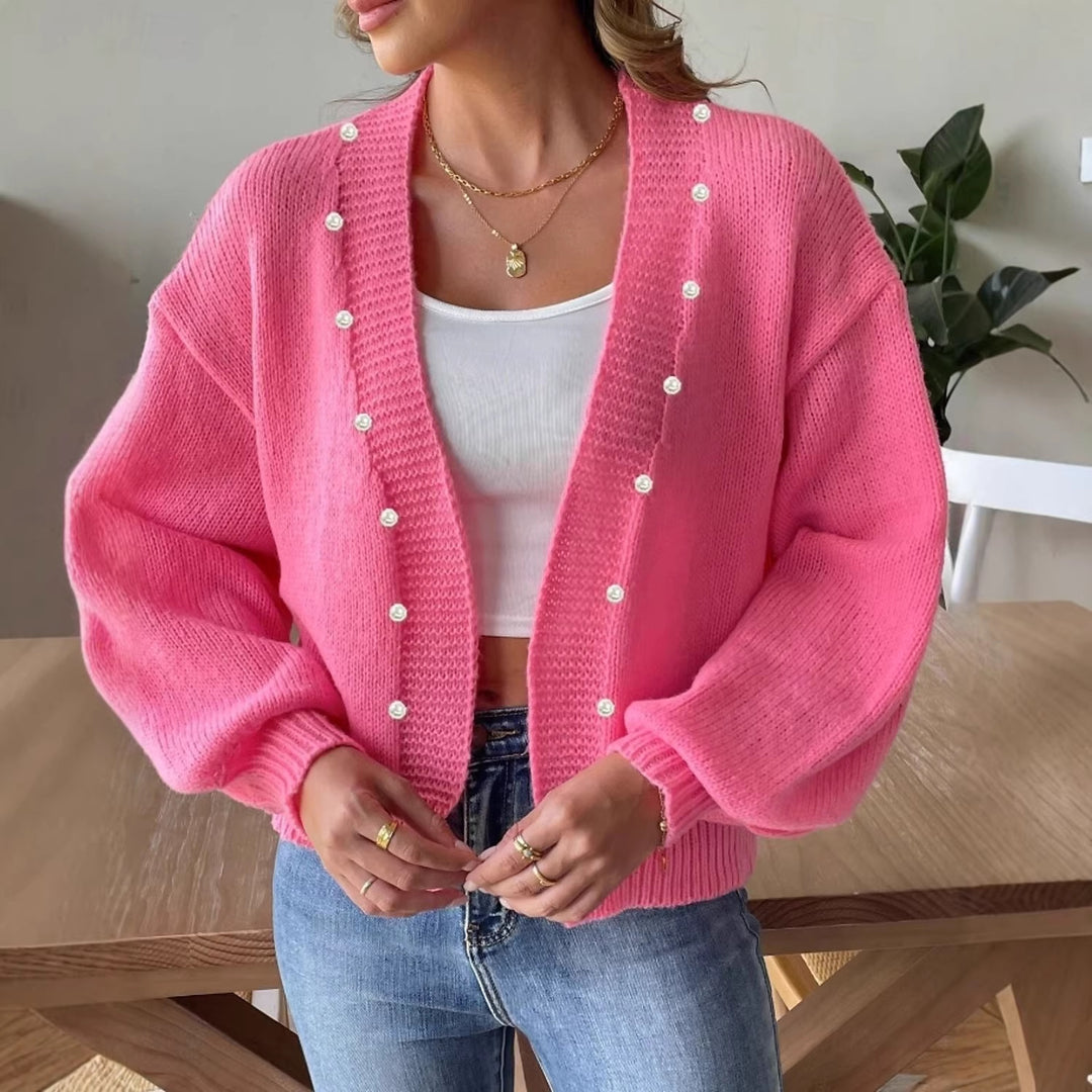 Damen nan grobstrick Cardigan mit Perlenknöpfen und Balloonärmeln EB