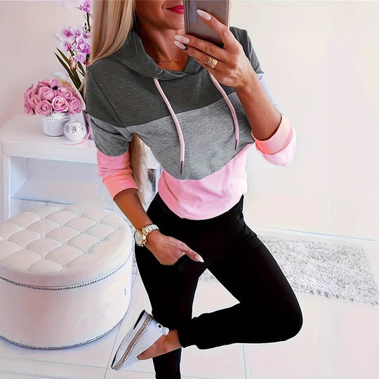 Damen modischer Freizeitpullover mit Kapuze und Farbblockdesign EB