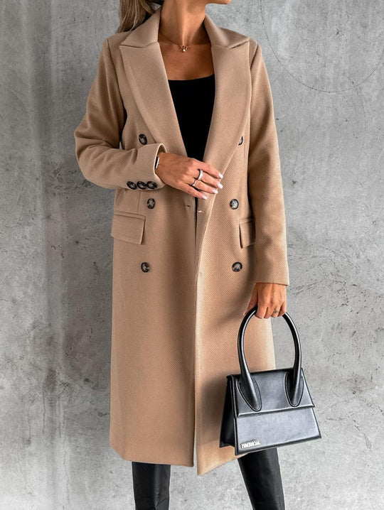 Damen Eleganter Doppelreiher-Mantel mit strukturiertem Stoff und taillierbarem Gürtel EB