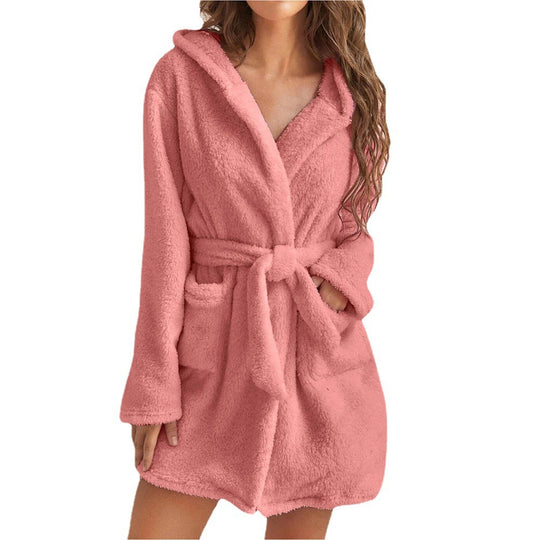 Damen Kuscheliger Fleece-Bademantel mit Kapuze und Gürtel EB