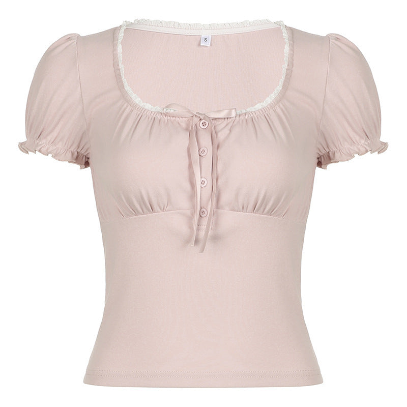 Damen Kurzarmshirt mit dekorativen Rüschendetails und Knopfleiste EB