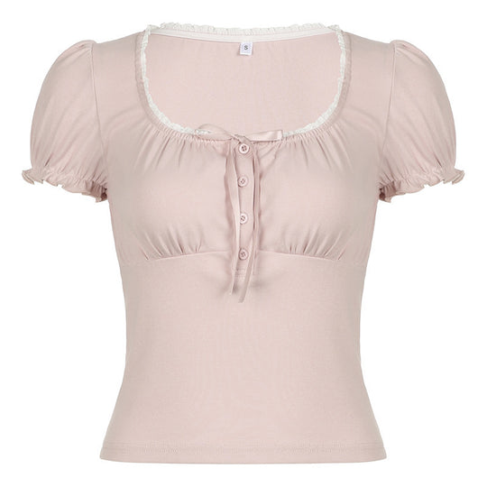 Damen Kurzarmshirt mit dekorativen Rüschendetails und Knopfleiste EB