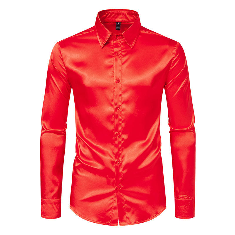 Herren Langarmhemd aus schimmerndem Satin mit eleganter Knopfleiste EB