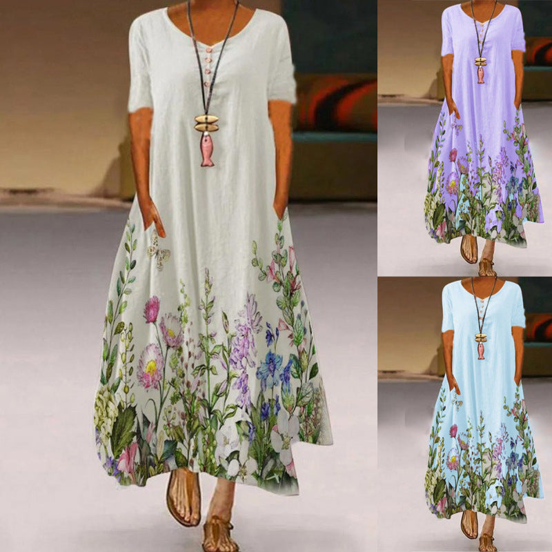 Damen Maxikleid mit floralem Print und seitlichen Taschen EB
