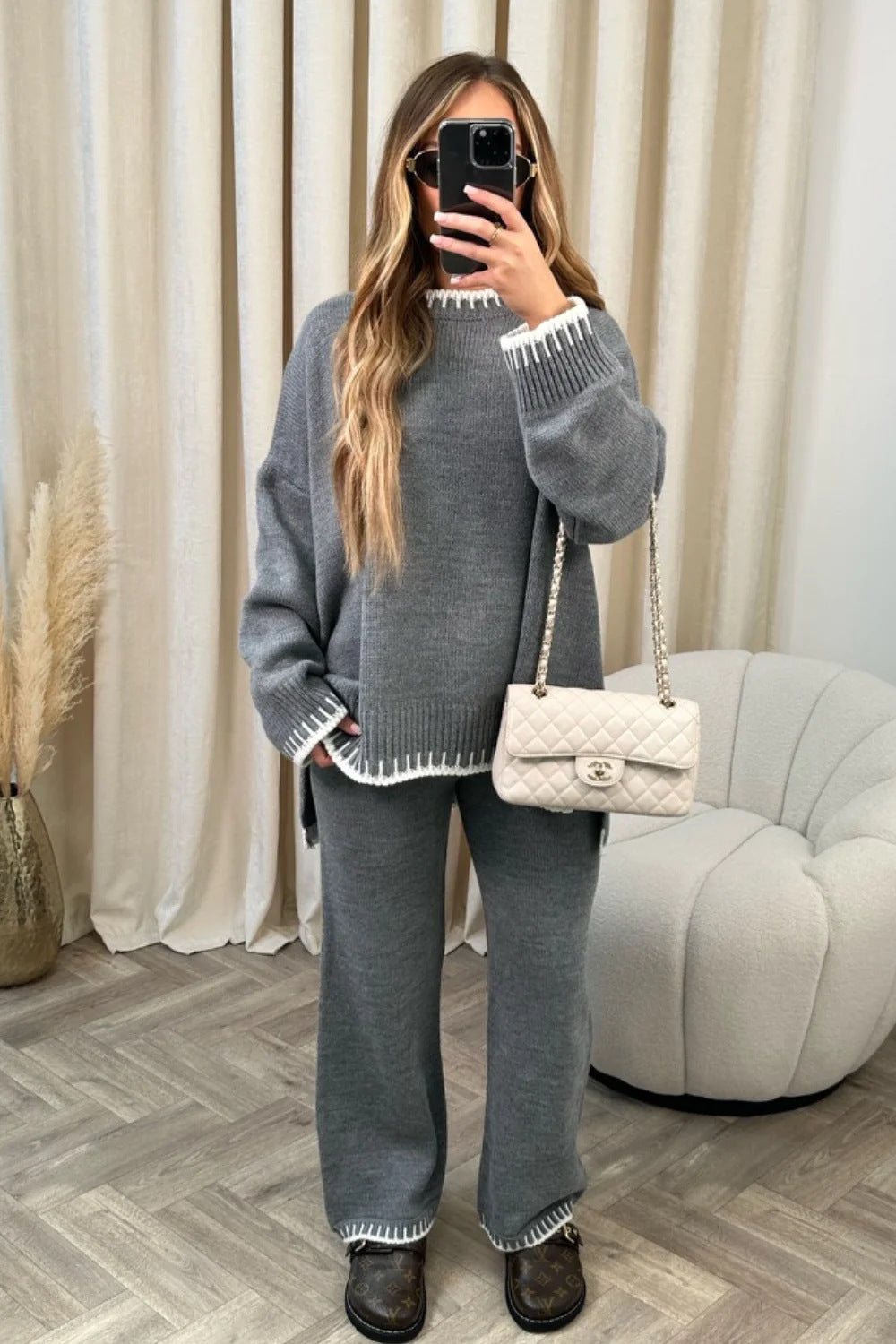 Damen nan lässiger Strick-Hausanzug mit Oversize-Pullover und weiter Strickhose EB