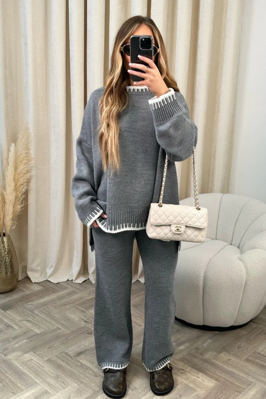 Damen nan lässiger Strick-Hausanzug mit Oversize-Pullover und weiter Strickhose EB