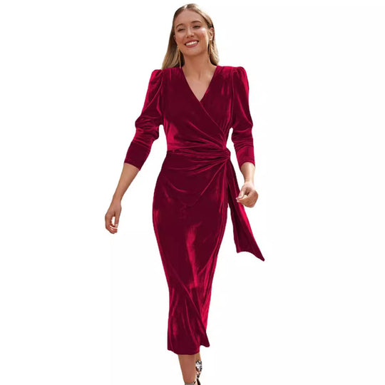 Damen Elegantes Wickelkleid mit Puffärmeln und Goldakzenten EB