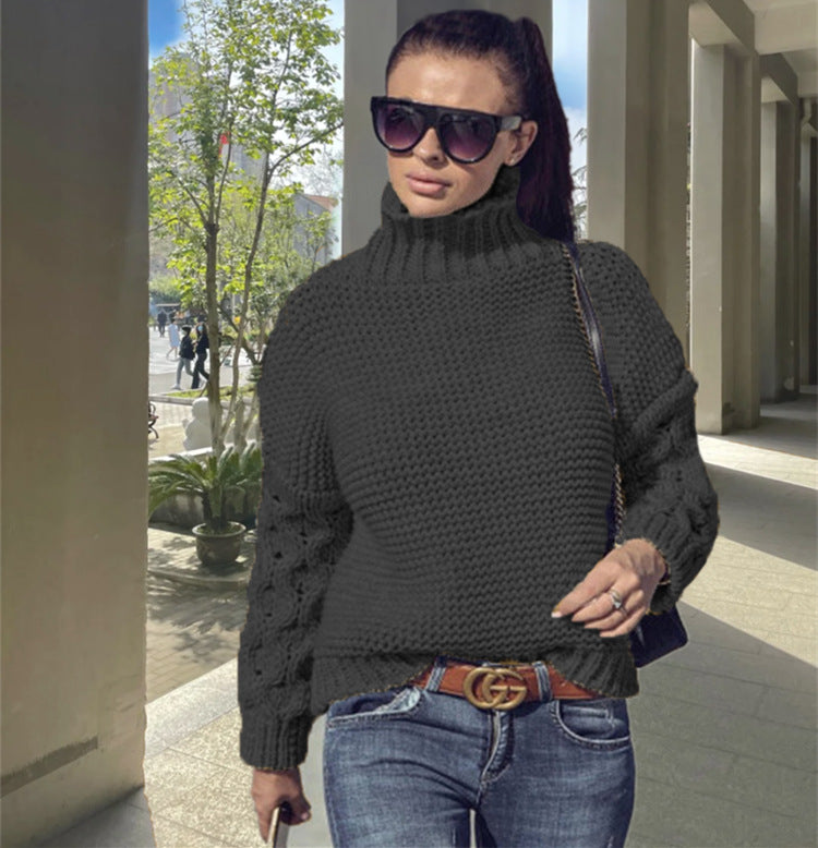 Damen Grobstrickpullover mit hohem Kragen und strukturiertem Armdesign EB