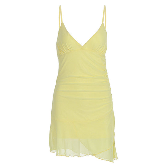 Damen lässiges Strandkleid mit Raffungen und Spaghettiträgern EB