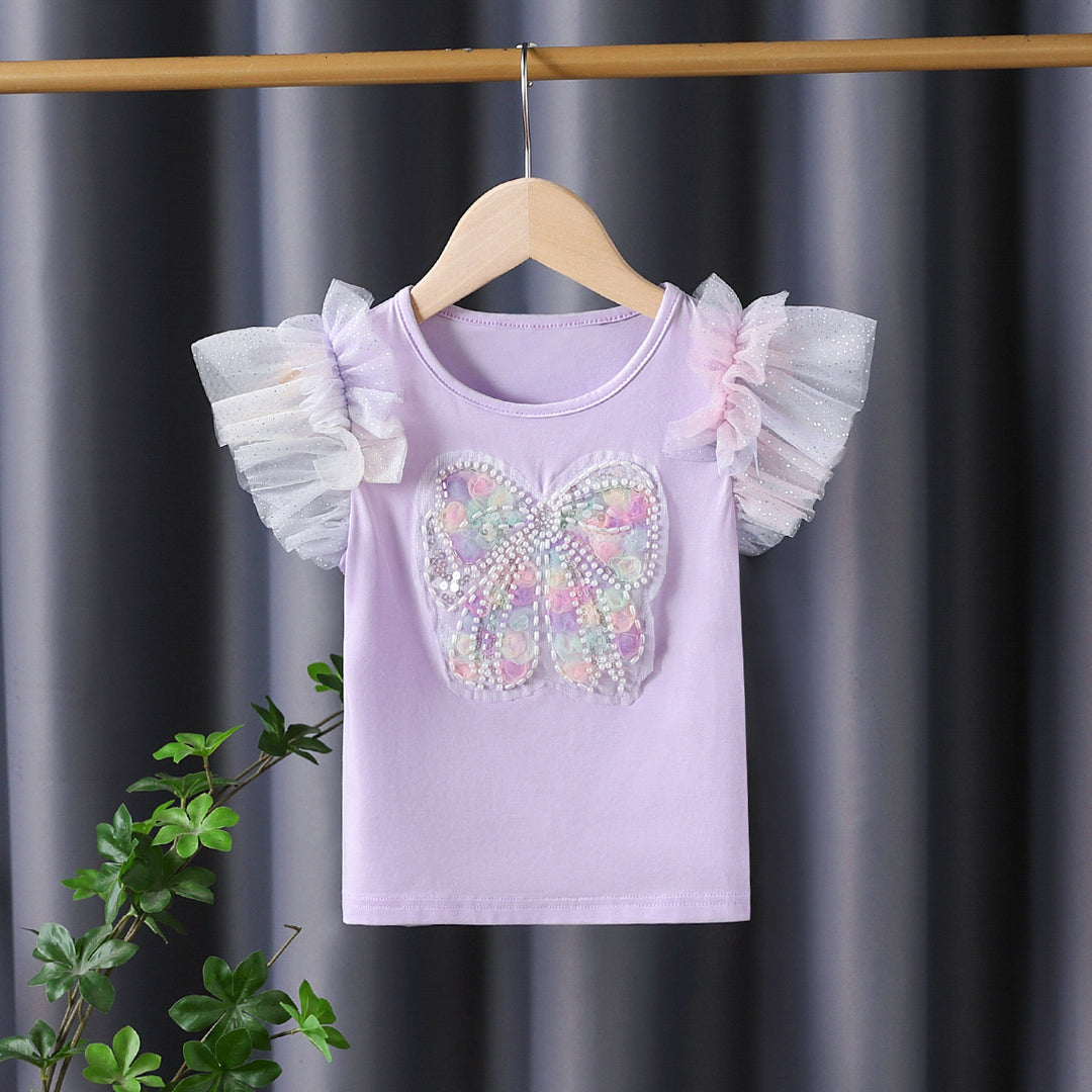 Mädchen T-Shirt mit funkelndem Schmetterlingsmotiv und Rüschendetails EB