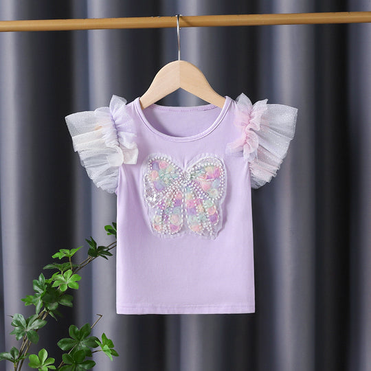 Mädchen T-Shirt mit funkelndem Schmetterlingsmotiv und Rüschendetails EB