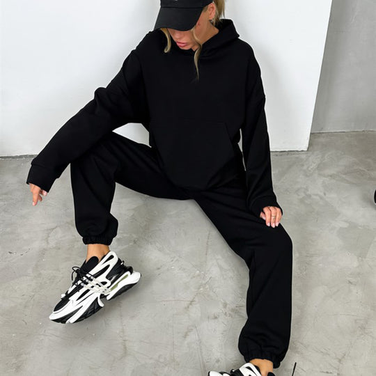 Damen nan Cropped Kapuzenpullover und taillierte Bündchen-Jogginghose Set aus schwerem French Terry EB