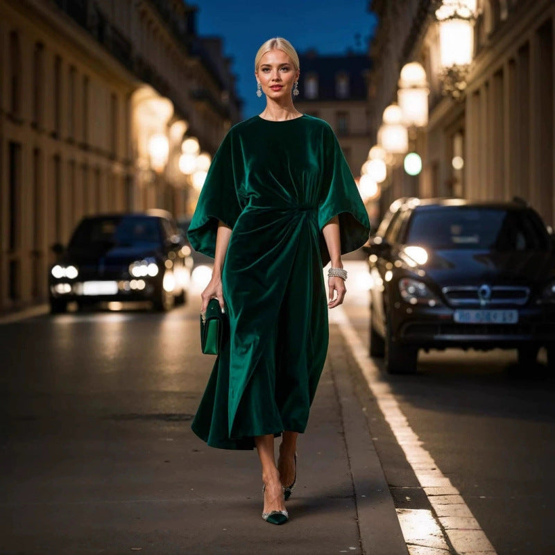 Damen Abendkleid im eleganten Samt-Design mit voluminösen Ärmeln und taillierter Silhouette EB